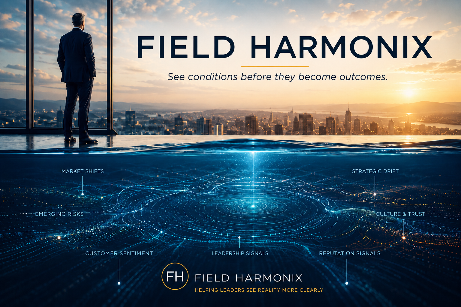 Field Harmonix — an executive looks out over a city while a field of signals resolves beneath the surface: market shifts, emerging risks, customer sentiment, leadership signals, reputation signals, culture and trust, strategic drift. See conditions before they become outcomes.