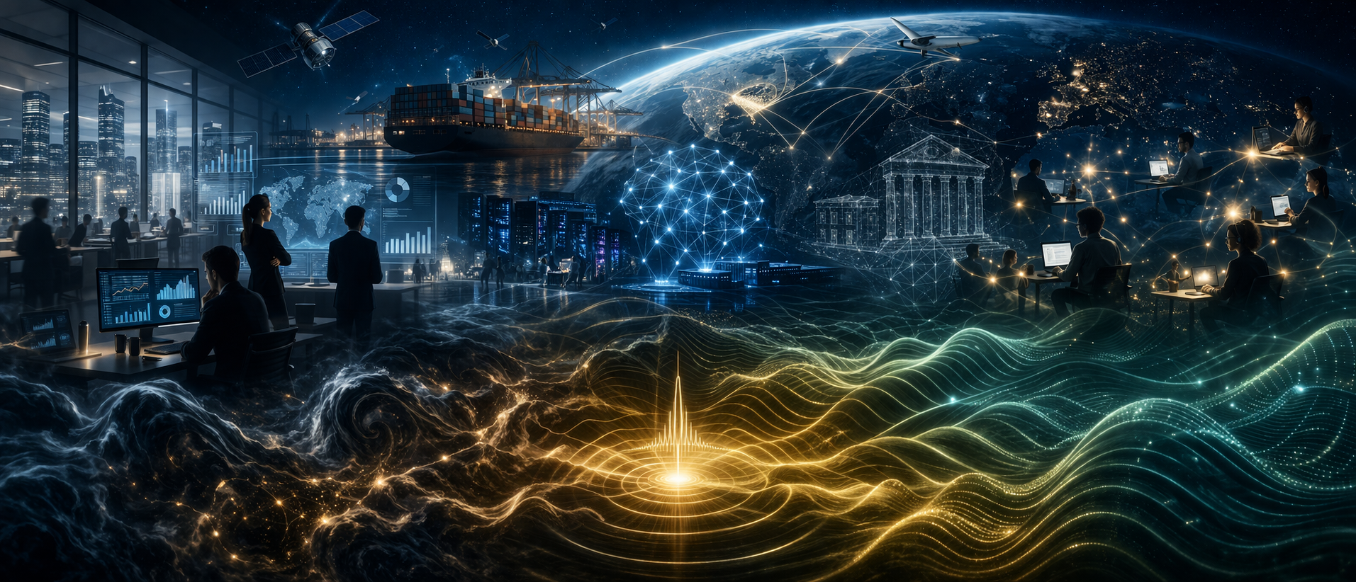 Visualization of global signal complexity — supply chains, AI, and human systems interwoven with coherence waves