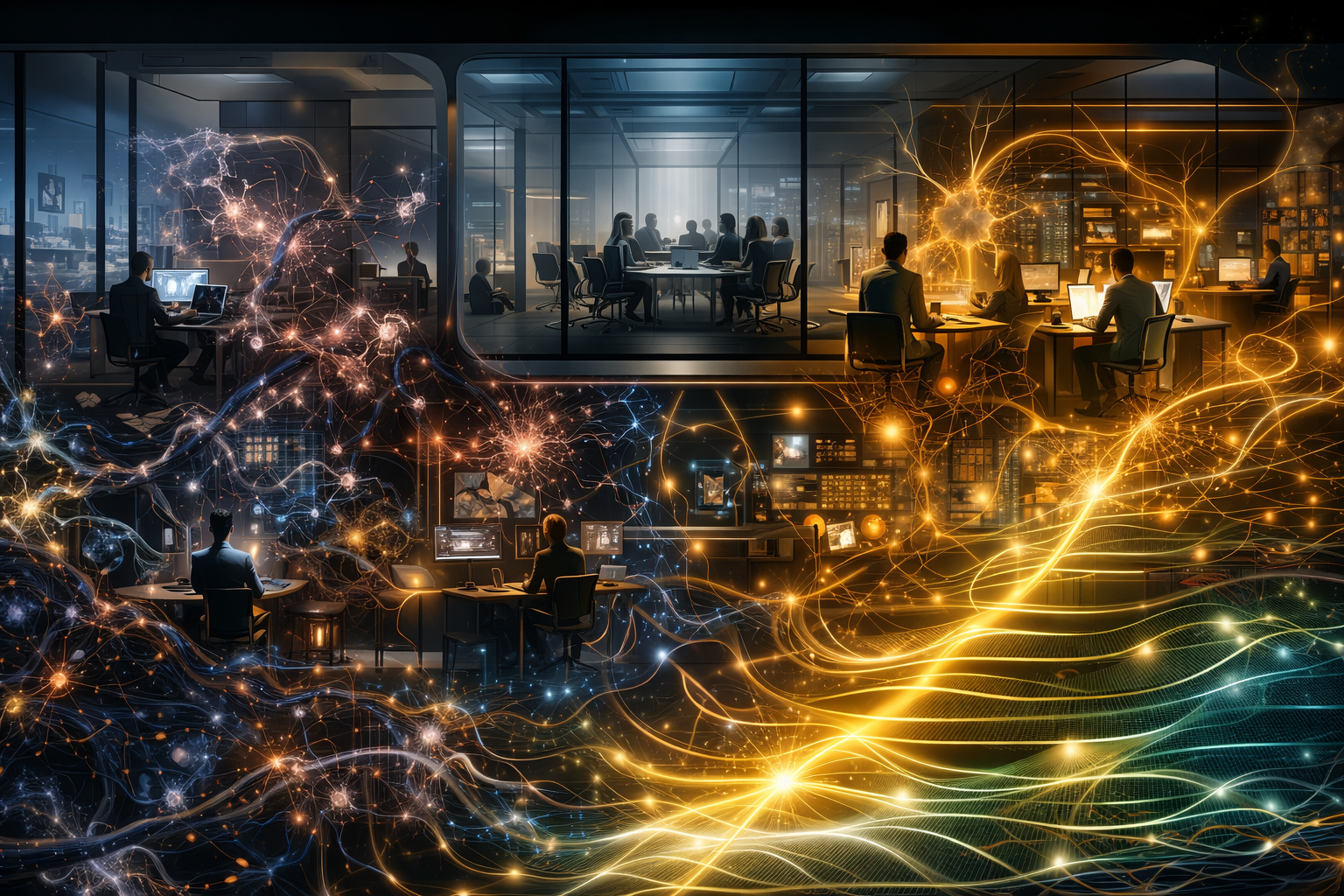 Office with signal and coherence waves showing the living architecture beneath an organization
