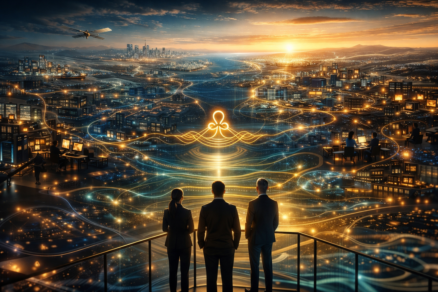 Three leaders looking out at a luminous cityscape with a coherence signal rising above it