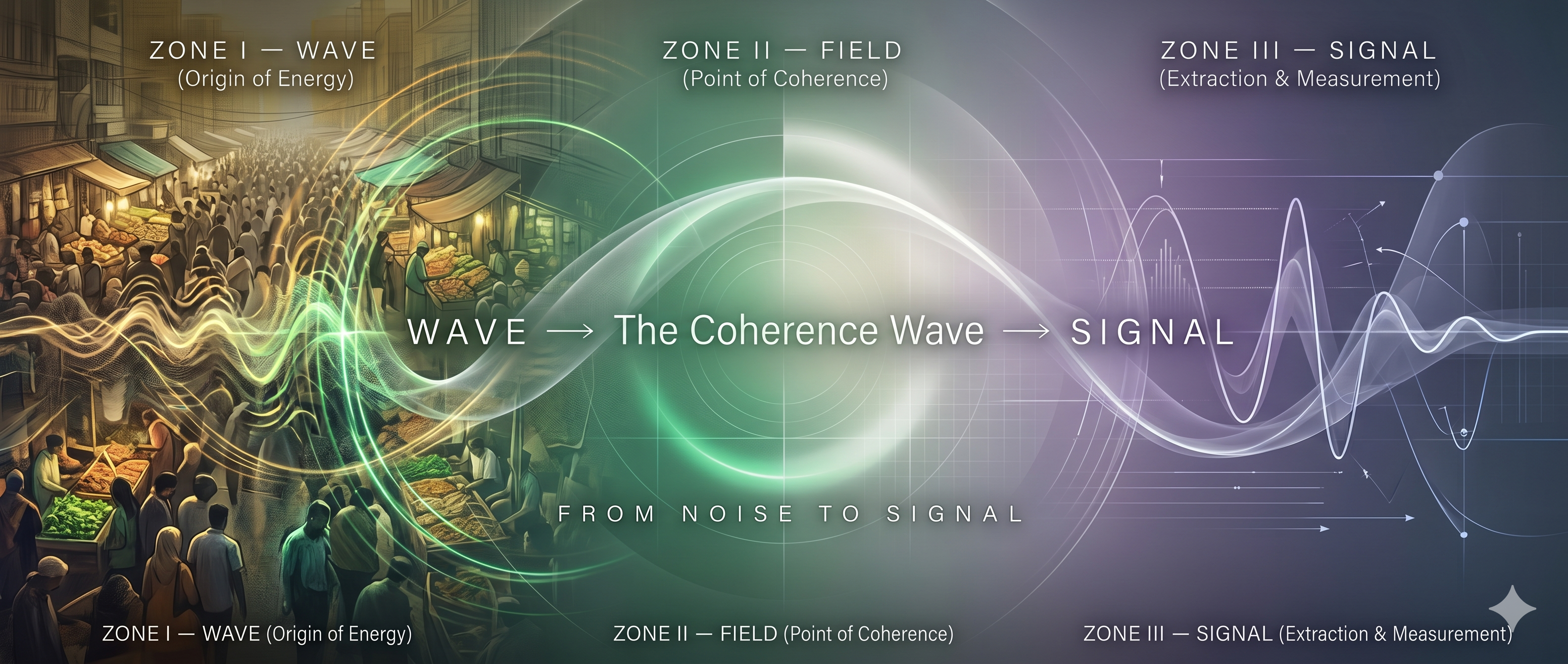 Diagram showing the progression from Wave (origin of energy) through the Coherence Wave (field) to Signal (extraction and measurement)