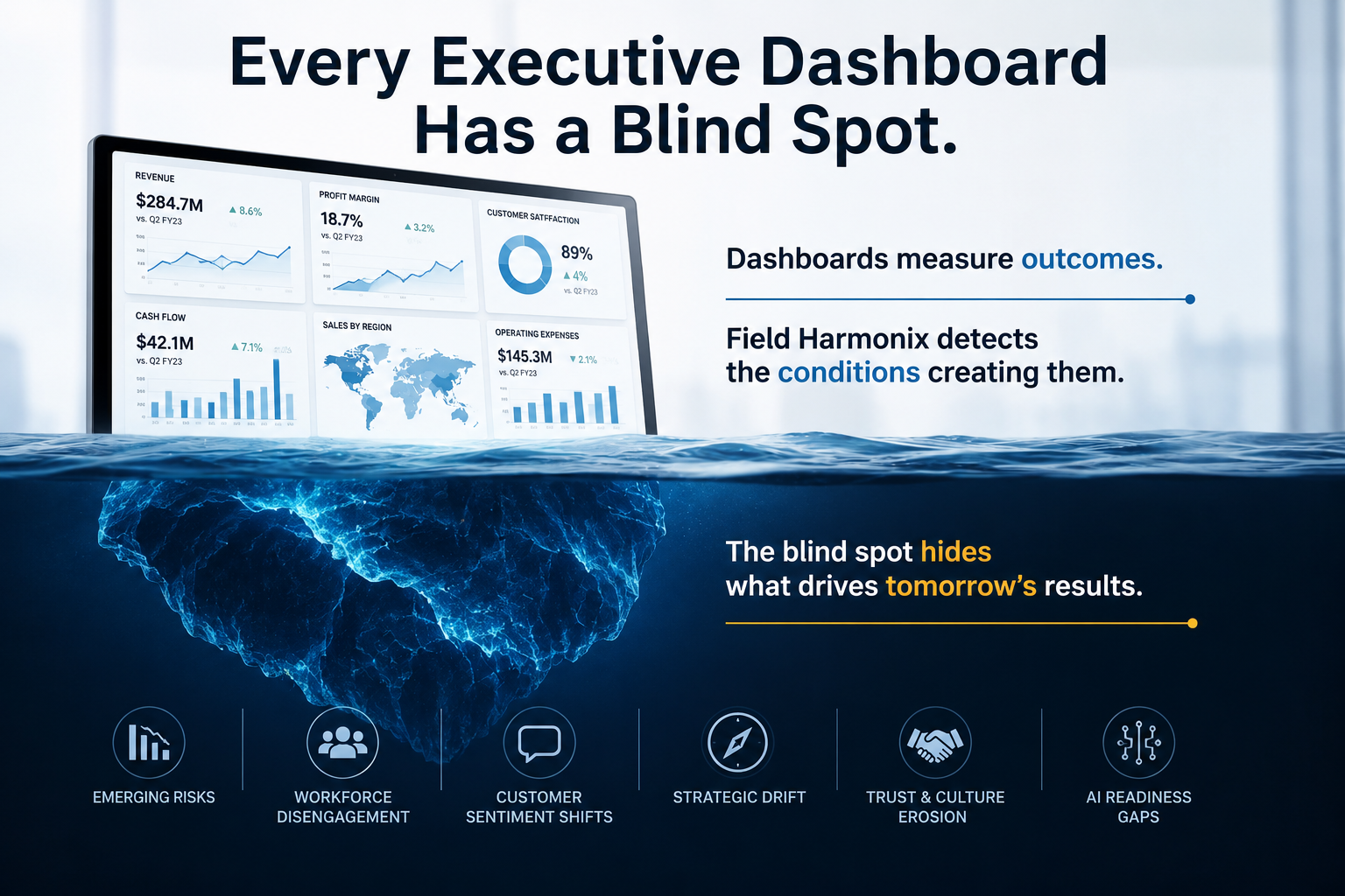 Every executive dashboard has a blind spot. Dashboards measure outcomes; Field Harmonix detects the conditions creating them. Beneath the waterline sit emerging risks, workforce disengagement, customer sentiment shifts, strategic drift, trust and culture erosion, and AI readiness gaps.