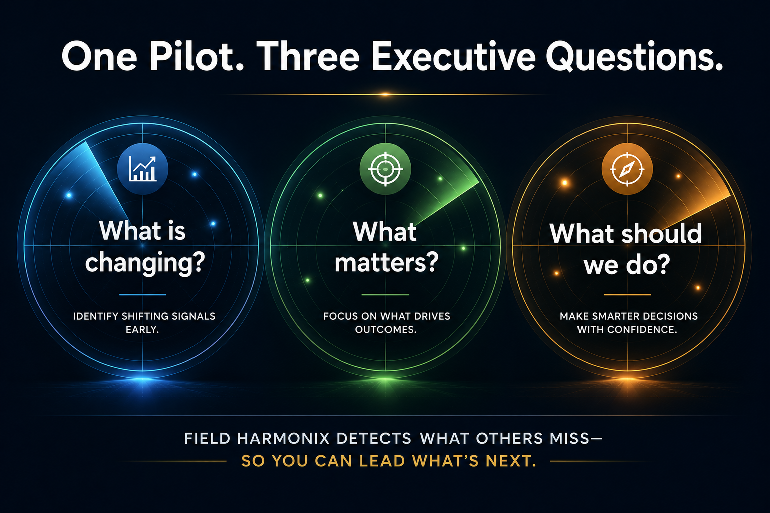 One pilot, three executive questions: What is changing? — identify shifting signals early. What matters? — focus on what drives outcomes. What should we do? — make smarter decisions with confidence. Field Harmonix detects what others miss, so you can lead what's next.