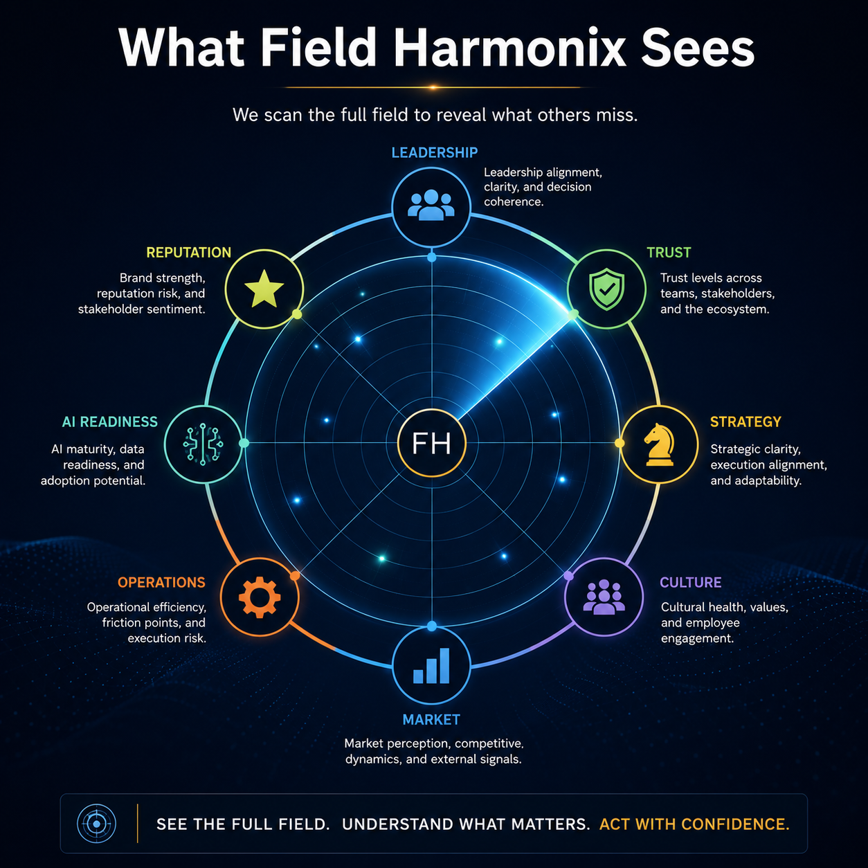 What Field Harmonix sees: we scan the full field to reveal what others miss — leadership, trust, strategy, culture, market, operations, AI readiness, and reputation. See the full field. Understand what matters. Act with confidence.